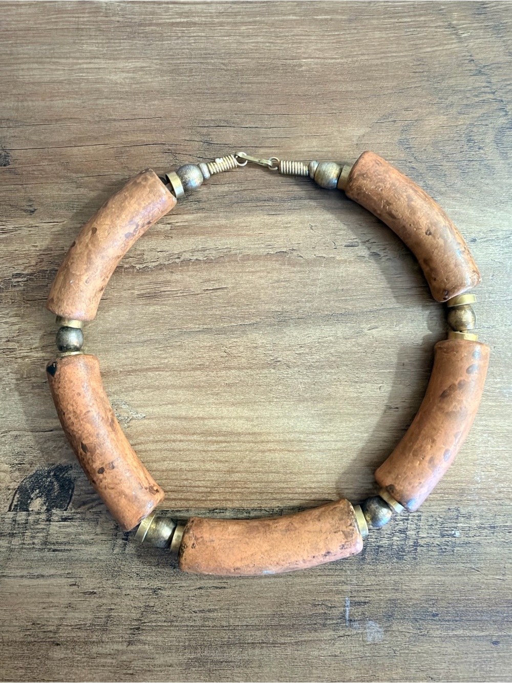 Vintage Brown Wood and Metal Necklace
